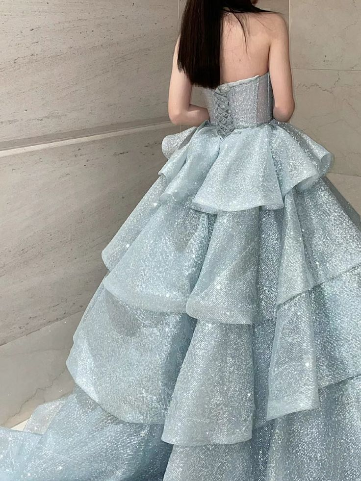Glitter Blue Strapless Sequin Layered Birthday Ball Gown Formal Princess Quinceanera Dress SP1134