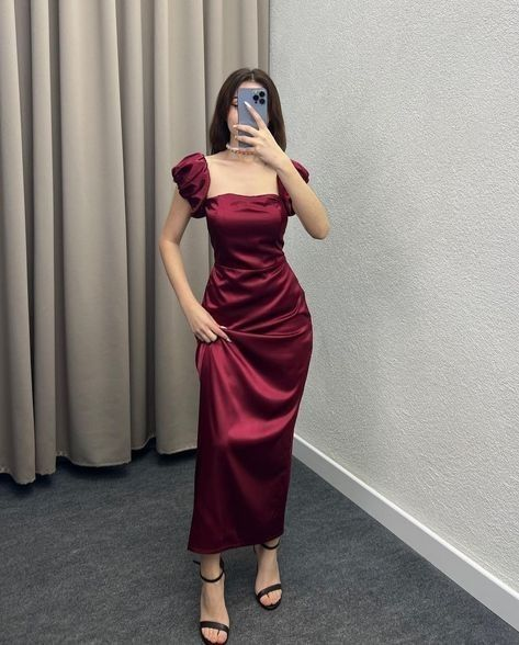 Simple Burgundy Satin Long Party Dress Wedding Guest Dress SP768