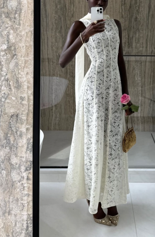 Classy Off White Lace Sleeveless A Line Long Evening Dress Formal Birthday Outfits SP1153