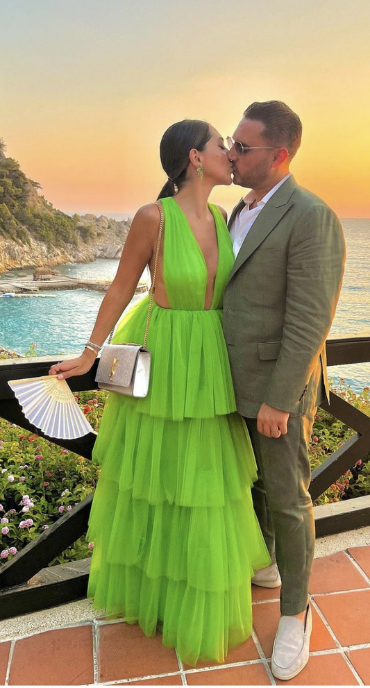 Elegant A-line V Neck Green Tiered Tulle Prom Dress,Green Prom Gown Y5143