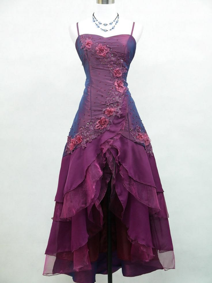 Vintage Plum Satin Beaded Ruffle Long Party Dress Prom Gown With Appliques SP4136