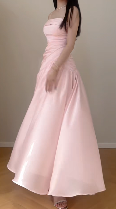 Classy Pink Spaghetti Straps Chiffon Pleated Mermaid Evening Dress Formal Wedding Guest Dress SP621