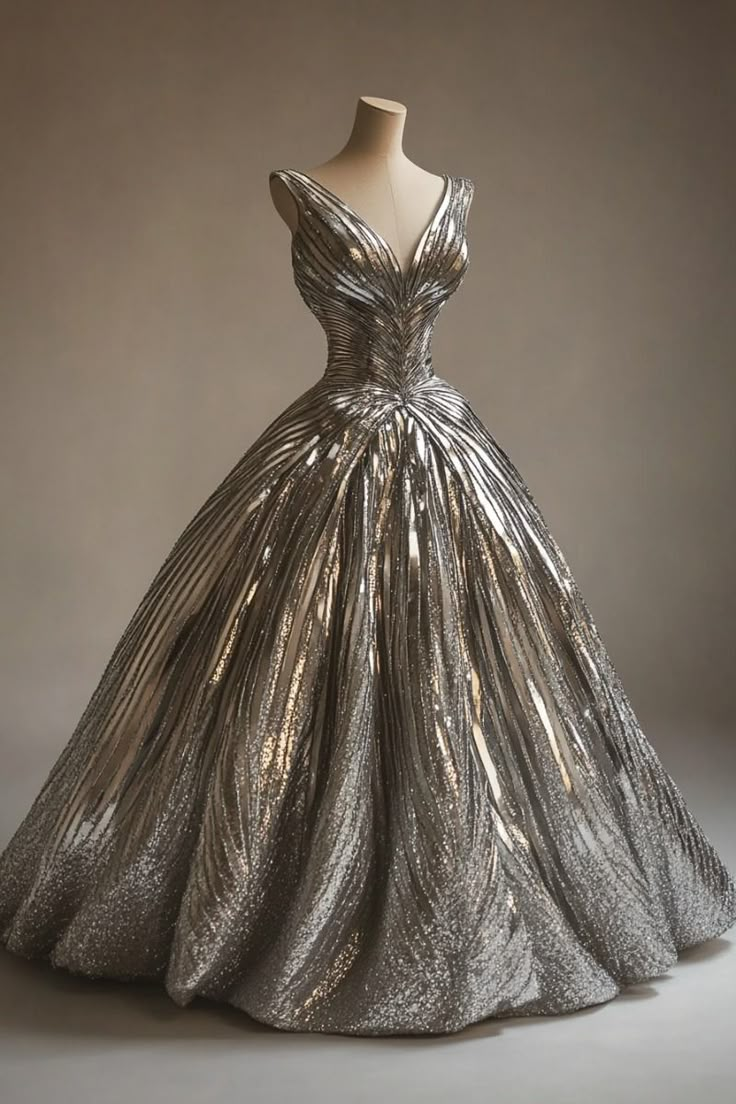 Unique Silver Gray V Neck Satin Sequin Formal Ball Gown Long Prom Gown SP374