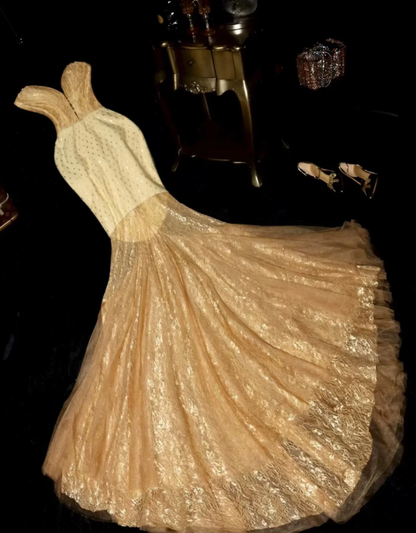 Classy Strapless Champagne Gold Tulle Lace Sequin Long Mermaid Party Dress SP679