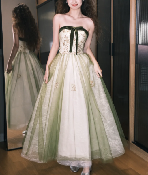 Vintage Strapless Green Tulle Lace A Line Birthday Dress Long Party Gowns SP2099