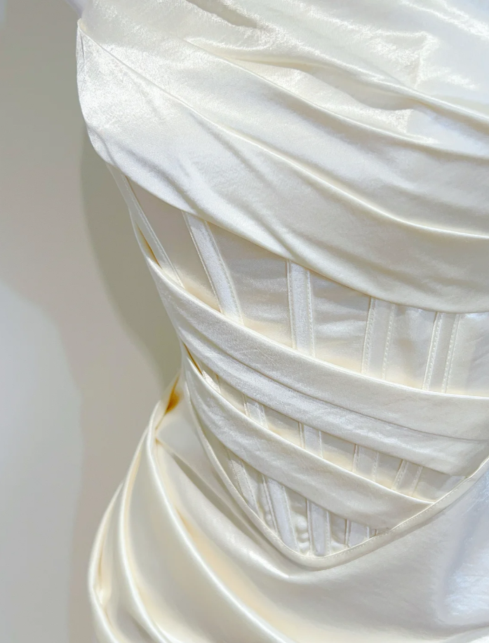 Charming Ivory White Satin Pleated Mermaid Long Bridesmaid Dress SP427