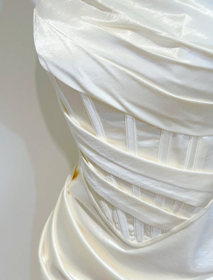 Charming Ivory White Satin Pleated Mermaid Long Bridesmaid Dress SP427