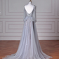 Classy Blue V Neck Sequins Beaded Tulle Prom Dress,A Line Backless Evening Dress Y8644
