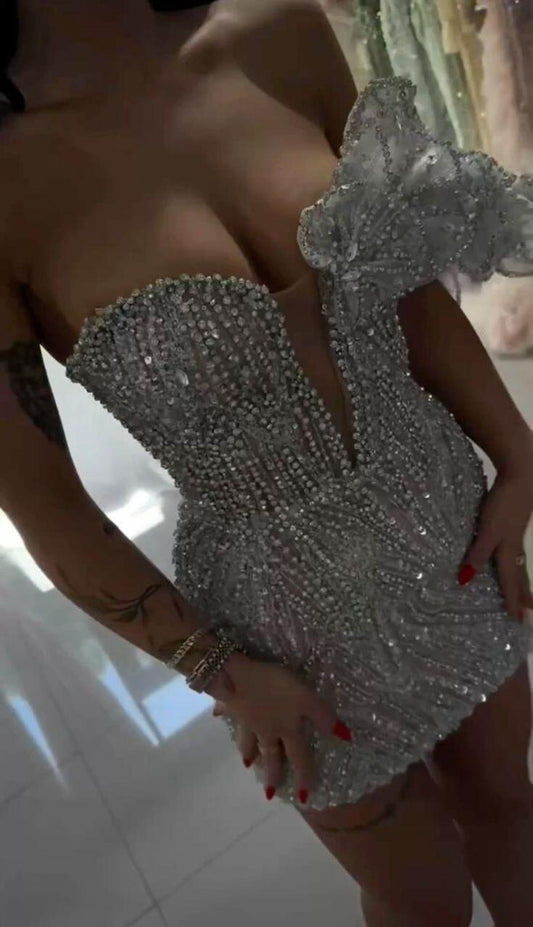 Gorgeous Blue Strapless Sequin Beaded Sheath Short Birthday Outfits Formal Graduation Homecoming Dress SP2636