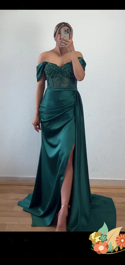 Charming Mermaid Emerald Green Satin Corset Evening Dress Y5592