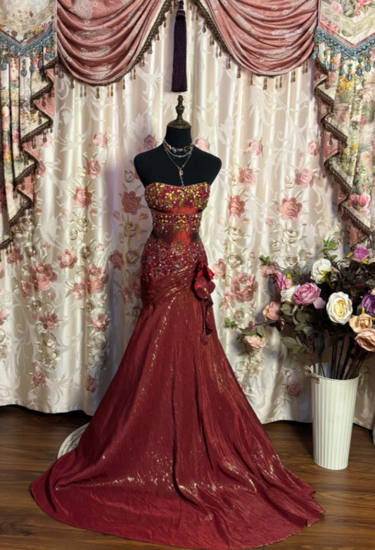 Retro Strapless Satin Beaded Mermaid Long Wedding Guest Dress Formal Evening Dress SP1606