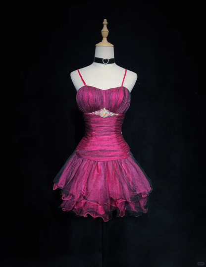 Elegant Hot Pink Spaghetti Straps Tulle Beaded A Line Short Homecoming Dress Cocktail Dress SP2902