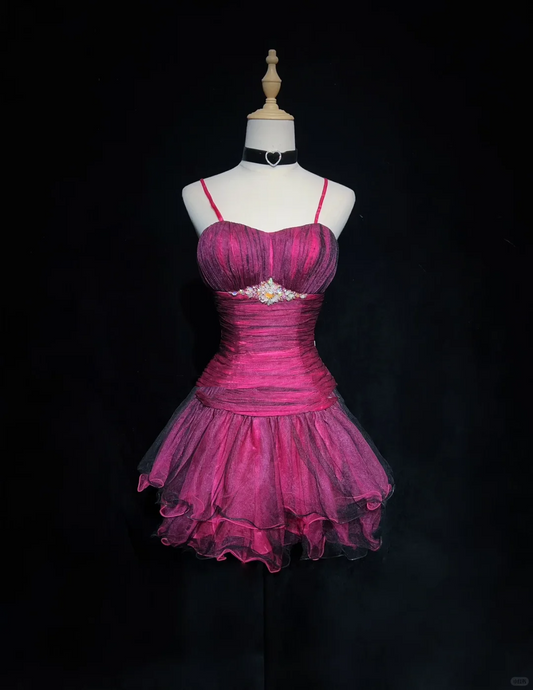 Elegant Hot Pink Spaghetti Straps Tulle Beaded A Line Short Homecoming Dress Cocktail Dress SP2902