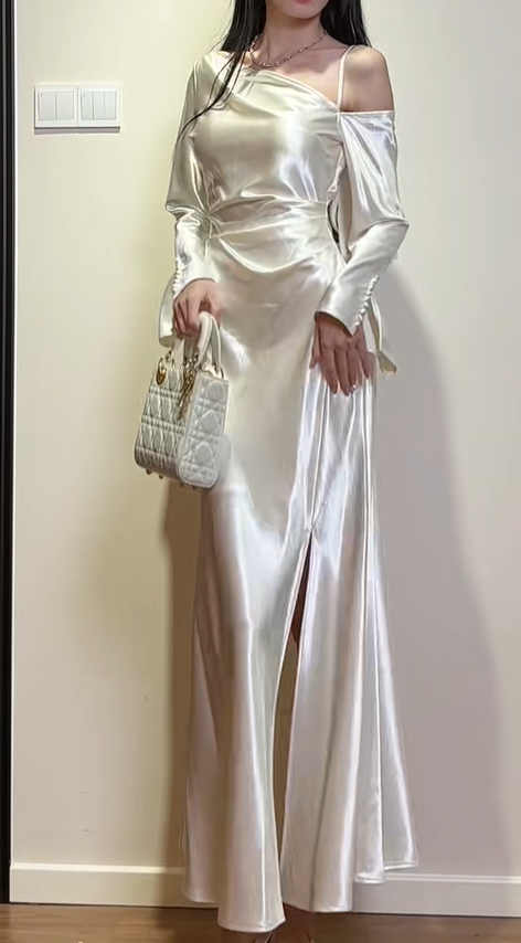 Chic White Off The Shoulder Satin Slit Mermaid Party Dress Long Prom Dresses SP428