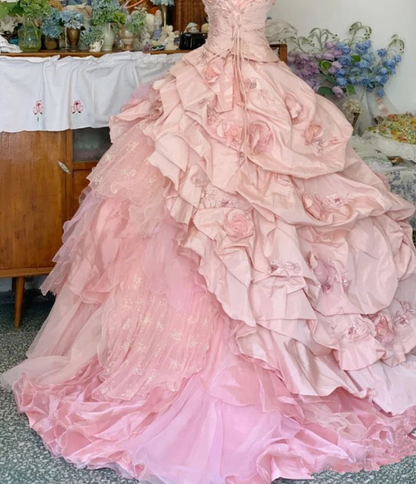 Pretty Pink Strapless Tulle Satin Appliques Sweet 16 Dress Ball Gown SP482