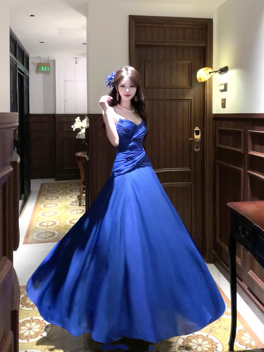 Unique Spaghetti Straps Royal Blue Pleated Satin Long Party Dress 19th Birthday Outfits SP2014