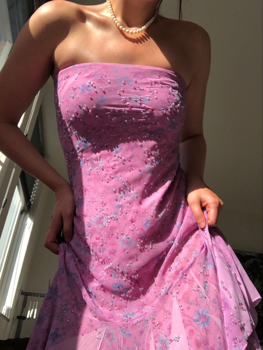 Pretty Strapless Pink Chiffon Floral Beaded Short Graduation Homecoming Dress Formal 16th Birthday Outfits Y9970