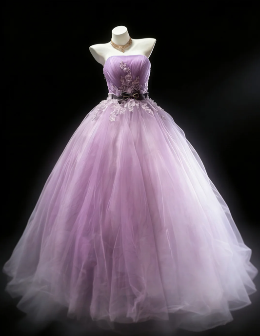 Fairy Strapless Lavender Tulle Appliques Long Birthday Prom Gown Party Dress SP1589