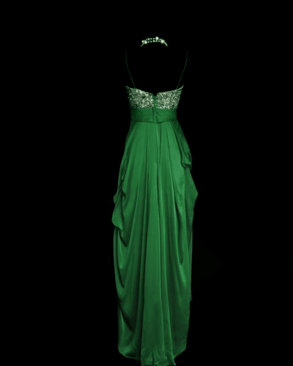 Charming Spaghetti Straps Satin Beaded Long Party Dress Green Prom Dress SP4173