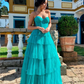 Modern Tiered Tulle Long Prom Dresses A-Line Sweetheart Floor Length Formal Evening Dresses Y5312