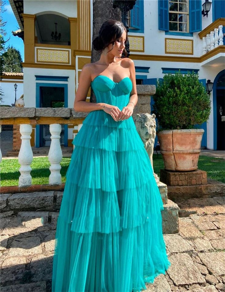 Modern Tiered Tulle Long Prom Dresses A-Line Sweetheart Floor Length Formal Evening Dresses Y5312