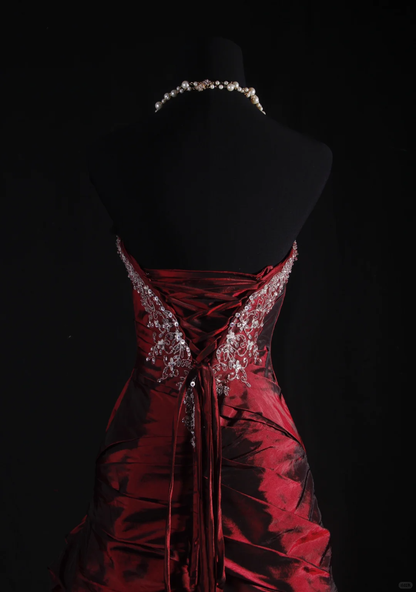 Vintage Strapless Ball Gown Burgundy Satin Beaded Long Party Dress Prom Dress SP2157