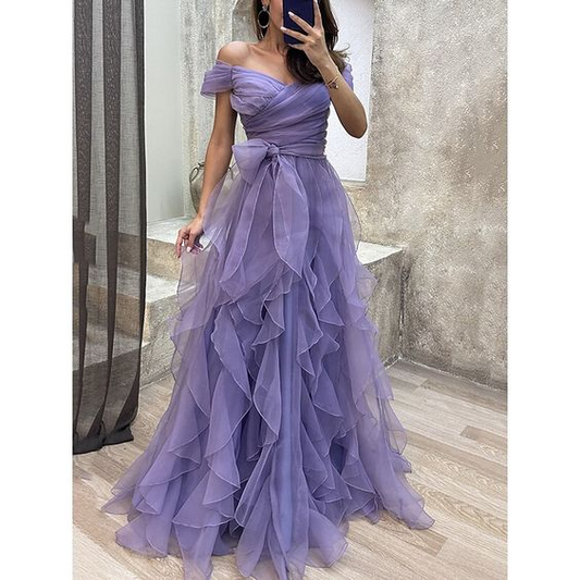 Off The Shoulder Purple Tulle Prom Dress,A-line Prom Gown Y5632