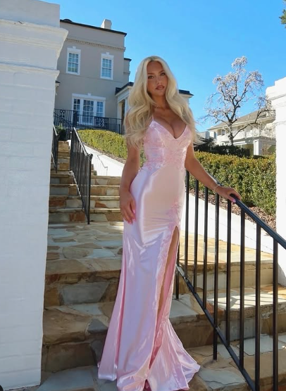 Pink Satin Appliques Mermaid Prom Dress,Long Slit Evening Gown Y8263