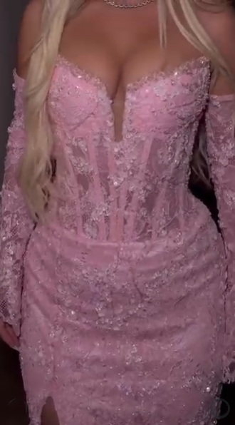 Pretty Strapless Pink Lace Sequin Mermaid Slit Prom Gown Long Evening Dress With Gloves SP390
