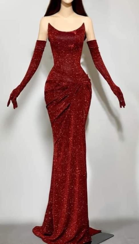 Charming Sequins Red Mermaid Evening Dress Formal Prom Dress With Gloves Y7800