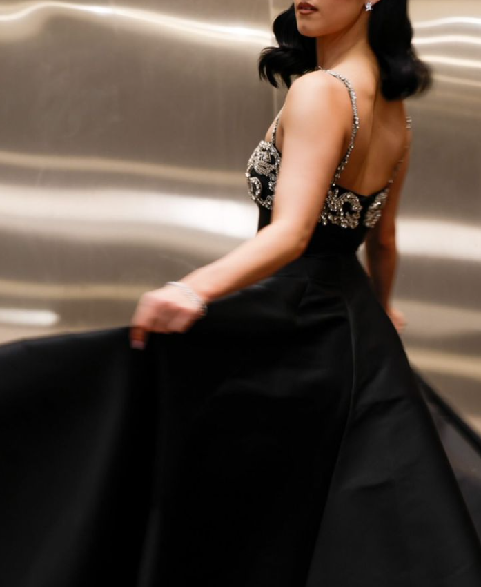 Stylish Spaghetti Straps Black Satin Beaded A Line Long Party Dress Birthday Outfits SP1033