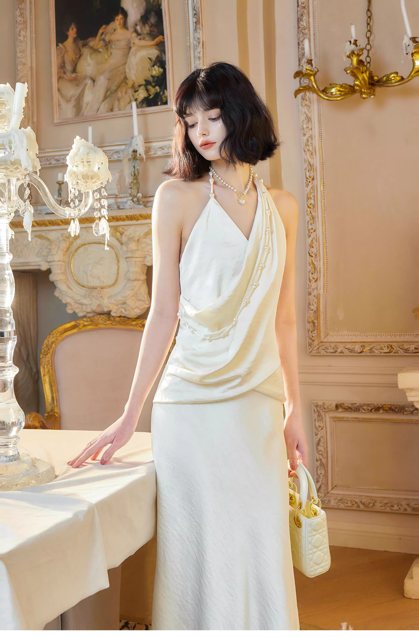 Stylish Halter V Neck Light Champagne Satin Mermaid Prom Dress Formal Birthday Party Gown SP1997