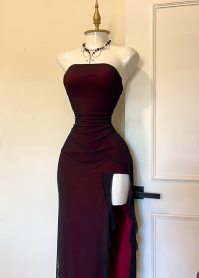 Vintage Strapless Burgundy Sheath Slit Prom Dress Birthday Party Dress Y9635