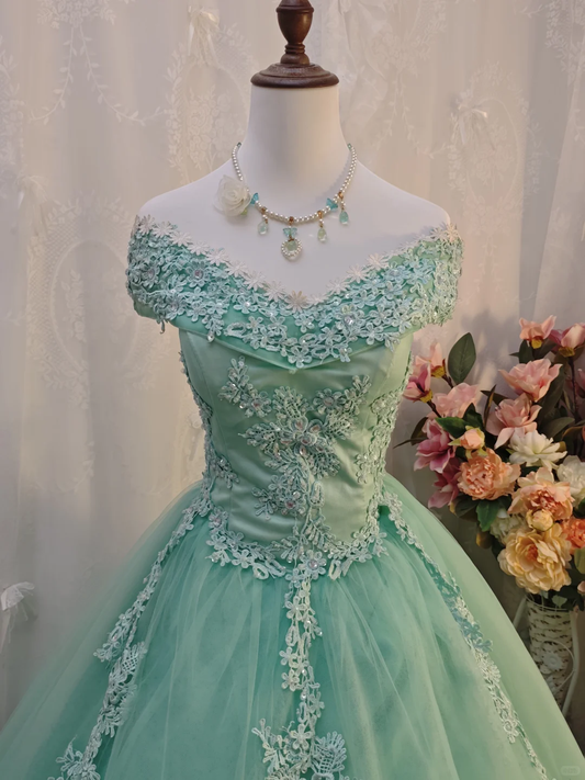Charming Green Off The Shoulder Tulle Appliques Formal Quinceanera Dress Ball Gown SP2162