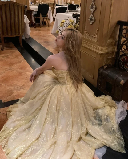 Shiny Sweetheart Neck Tulle Lace Long Birthday Party Dress Gold Long Prom Gown SP3882