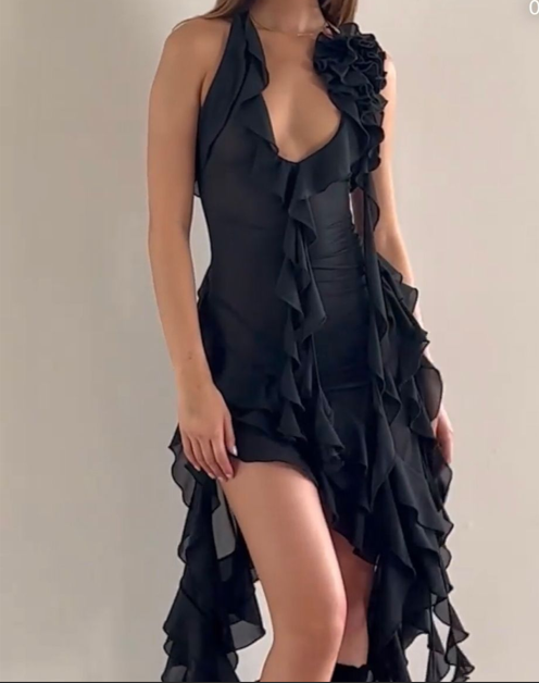 Sexy Halter Black Chiffon Ruffles Long Party Dress Evening Dress SP13
