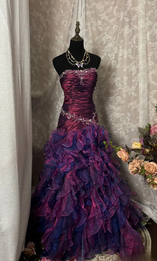 Glamorous Strapless Purple Organza Ruffles Mermaid Evening Dress Long Prom Gowns With Beads SP1807