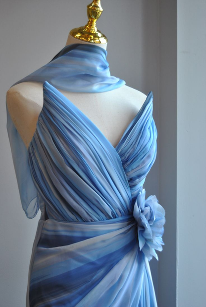 Pretty V Neck Blue Ombre Chiffon Print Floral Pleated Mermaid Evening Dress Long Prom Gown With Ribbon SP461