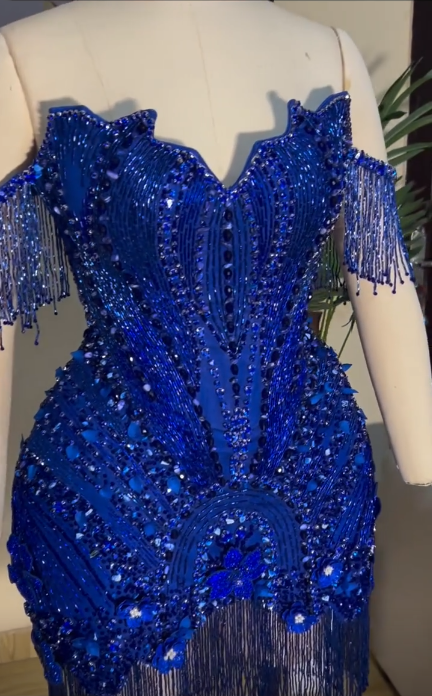 Luxurious Royal Blue Satin Beaded Tassel Short Homecoming Dress,Off The Shoulder Bodycon Mini Birthday Dress SP3024