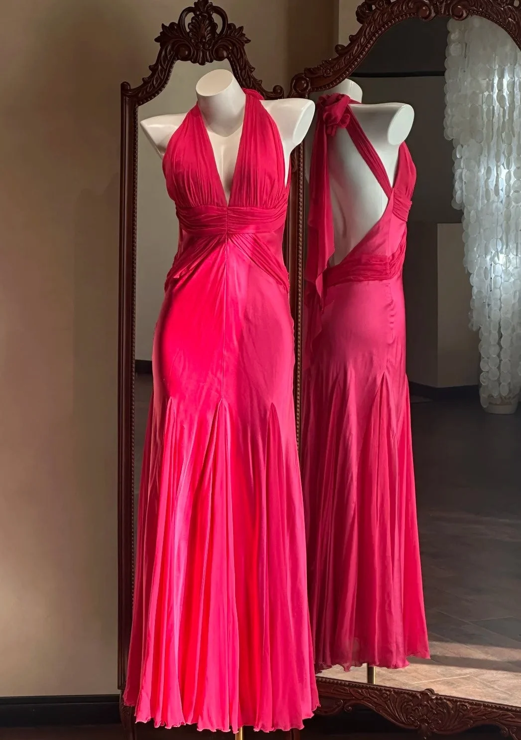 Pretty Hot Pink Halter Satin Chiffon Mermaid Long Party Dress Backless Long Birthday Dress SP3841