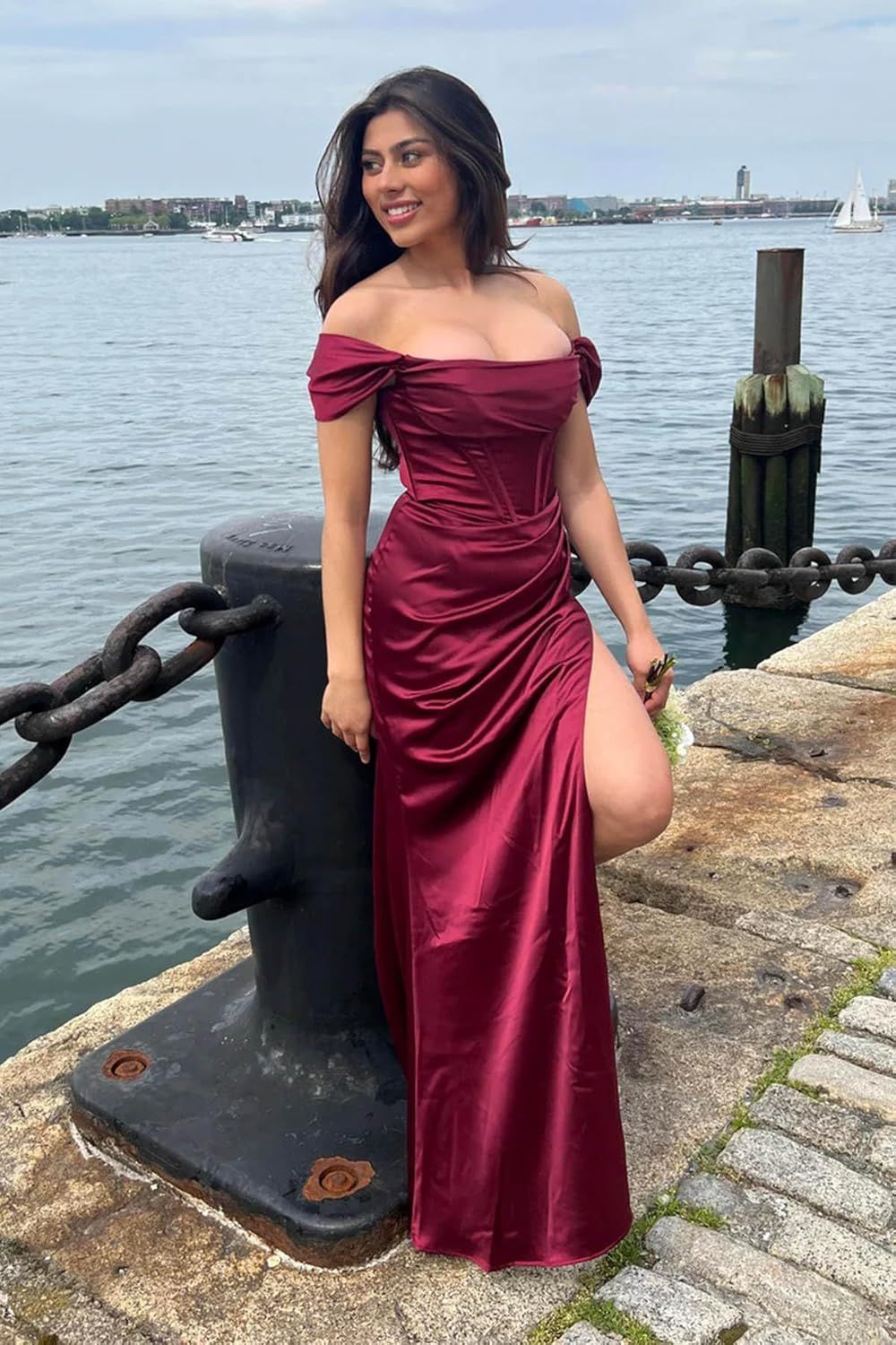 Burgundy Satin Off The Shoulder Slit Prom Dress Evening Dress Y7831