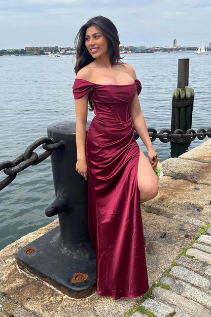 Burgundy Satin Off The Shoulder Slit Prom Dress Evening Dress Y7831