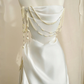 Classy Strapless Satin Pearls Chain White Prom Dress,A Line Evening Dress Y8684