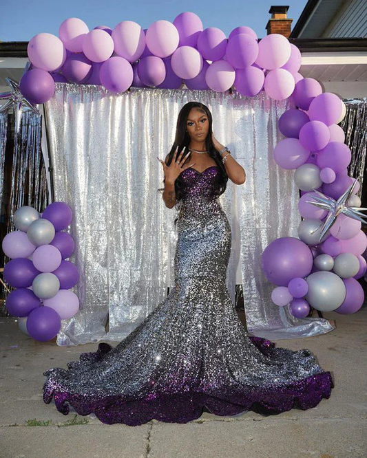 Long Sparkly Prom Dresses Gorgeous Sweetheart Sexy Mermaid Silver and Purple Sequin Black Girls Prom Party Gowns  Y4250