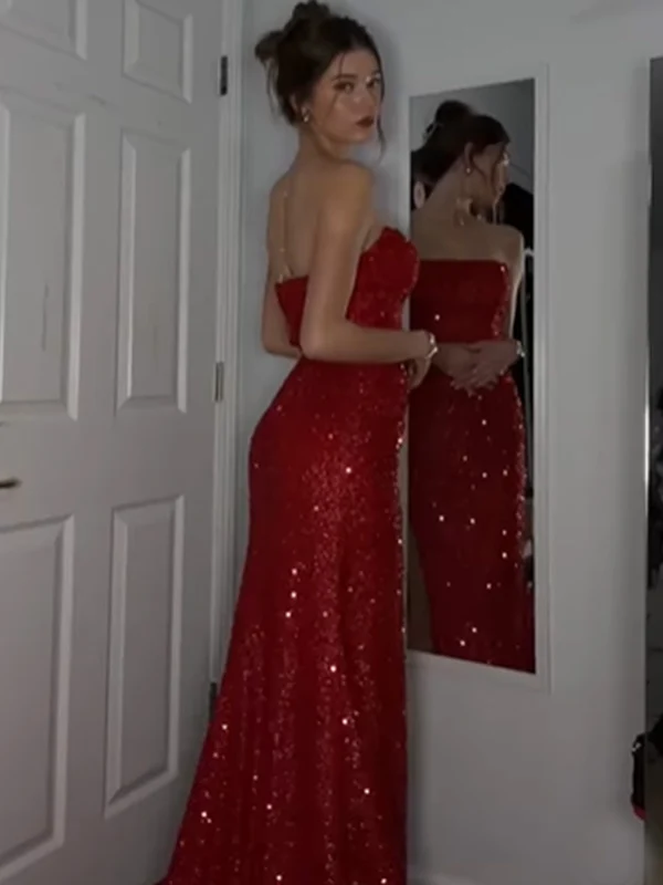 Shiny Strapless Red Mermaid Sequin Long Party Dress Prom Dresses SP3736