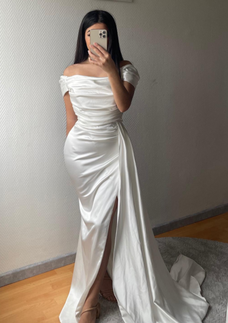 Elegant White Off Shoulder Split Long Prom Dress,White Formal Dress Y5541