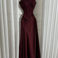Charming Burgundy Spaghetti Straps Satin Pleated Mermaid Long Wedding Guest Dress Evening Dress SP1332