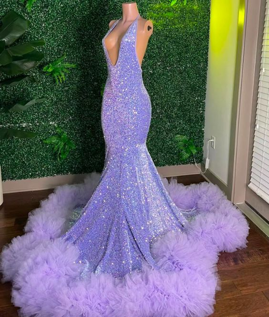 Sparkly Purple Mermaid Prom Dress Sequined Ruffles Backless Party Evening Dress Y6662
