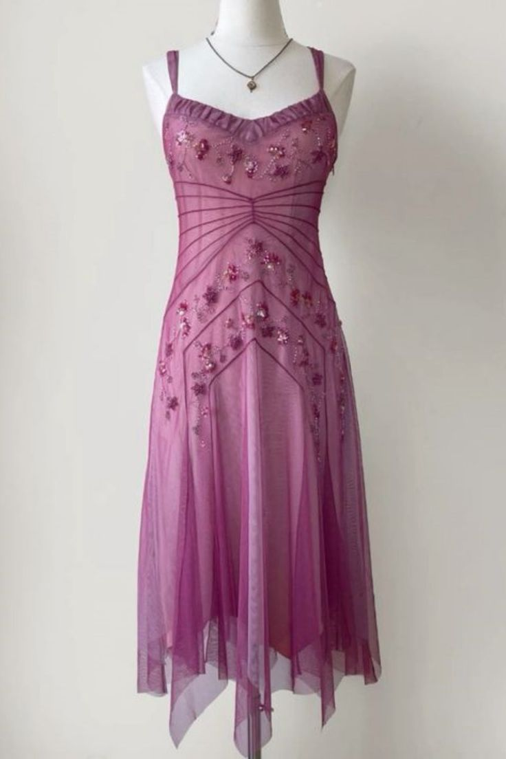 Pretty Spaghetti Straps Pink Tulle Beaded Mid-Length A Line Birthday Prom Dress Evening Gowns SP2105