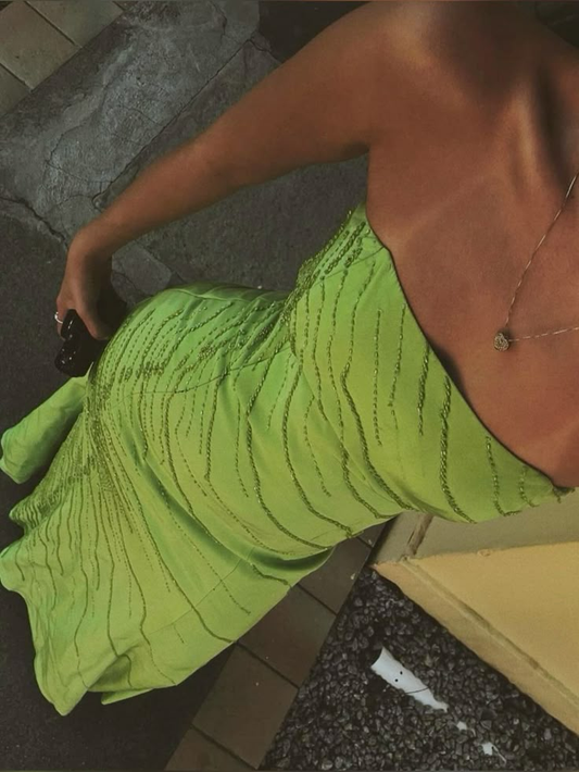 Elegant Strapless Green Satin Beaded Mermaid Evening Dress Long Prom Gown SP981